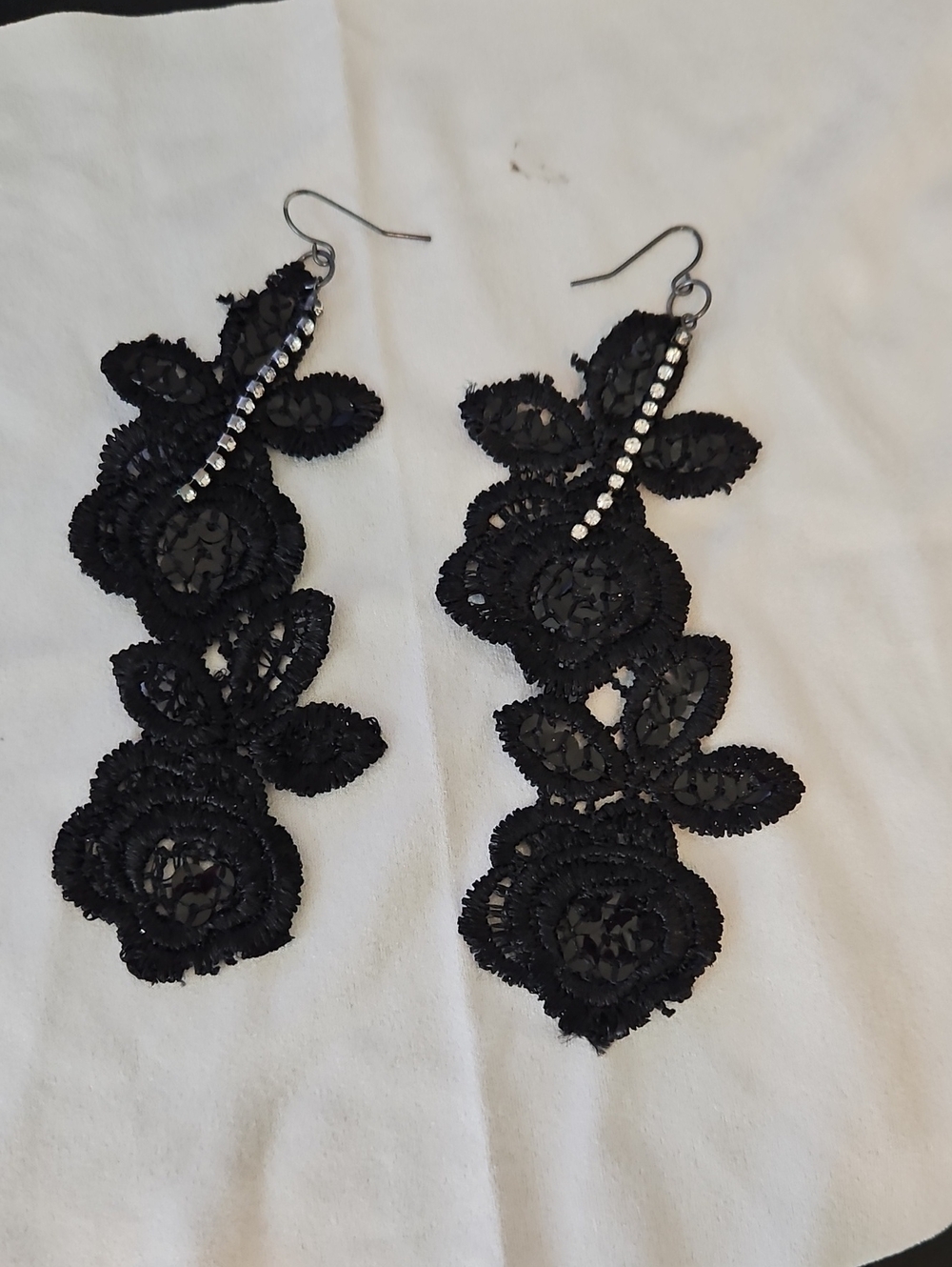 Black Lace Floral Drop Earrings with Crystal Accent -  Womens Jewelry